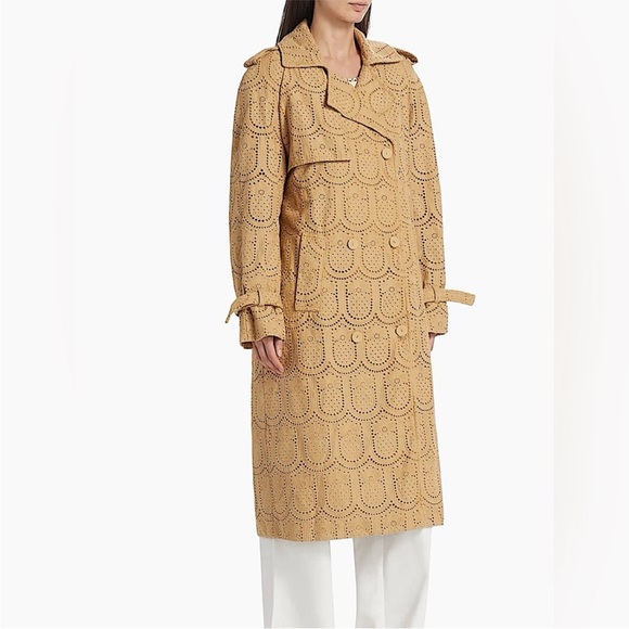 ☔️ FARM Rio for Anthropologie Womens Cottagecore Eyelet Beige Trench Coat Medium - Picture 6 of 16